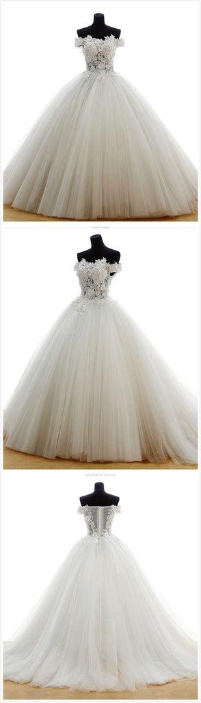 Off Shoulder Lace Sleeveless Charming Tulle Floor-Length Wedding Dresses,220052