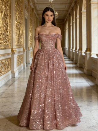 Gorgeous Off Shoulder Rose Gold Sparkle Long Prom Dresses, DB105