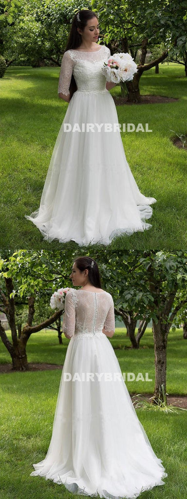 Vintage Lace Top Long Wedding Dress, Half Sleesve Tulle Cheap A-Line Wedding Dress, D1054