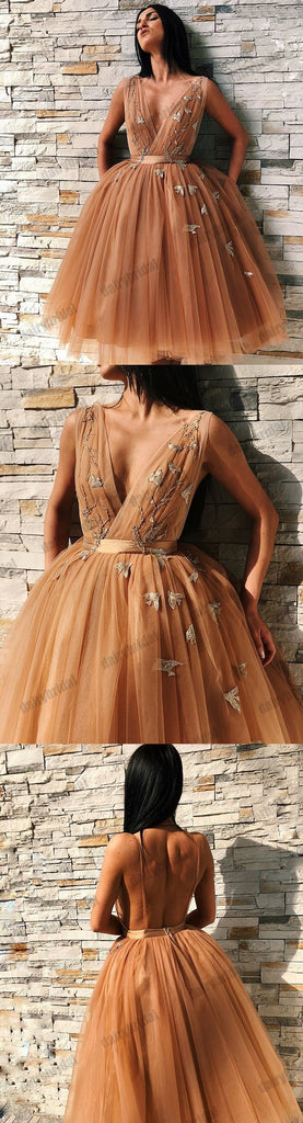 Tulle Spaghetti Straps Backless Homecoming Dress, A-Line Deep V-Neck Applique Homecoming Dress, D1429