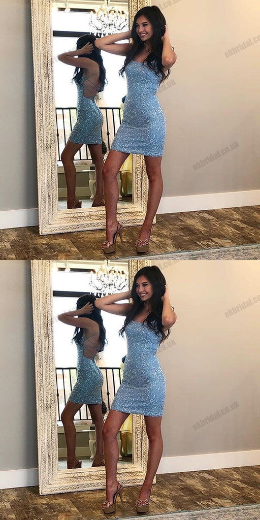 Blue Spaghetti Straps Homecoming Dress, Backless Mermaid Sexy Sequin Homecoming Dress, D1454
