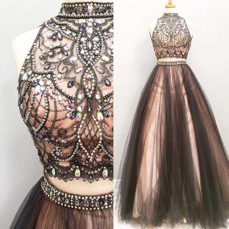 Sleeveless High Neck Long A line Prom Dresses , Two Pieces Prom Dress, Tulle Evening Prom Dress, Charming Prom Dress,Party Dresses, Evening Dresses,PD0048