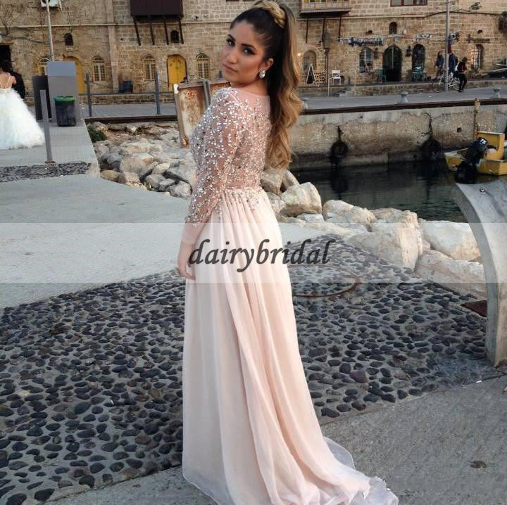 Sparkle Beaded Sequin Long Sleeve Prom Dress, Honest A-Line Tulle Prom Dress, D369