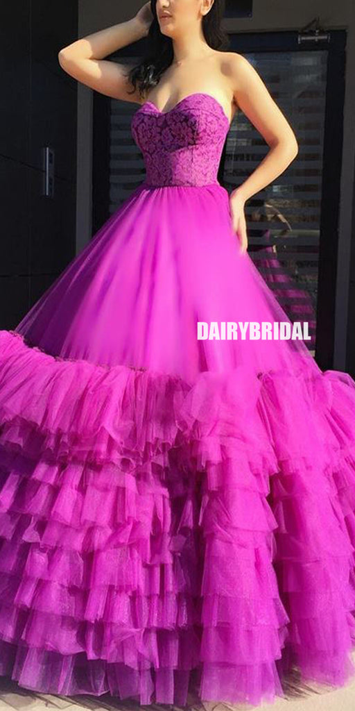 Elegant A-line Tulle Sweetheart Lace Long Prom Dresses, FC4204