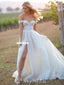 Off Shoulder Sparkle A-line Backless Tulle Sexy Slit Wedding Dress, FC4676
