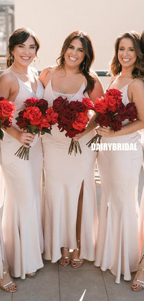 Spaghetti Straps Mermaid Slit Long Silk Elastic Satin Bridesmaid Dress, FC5029