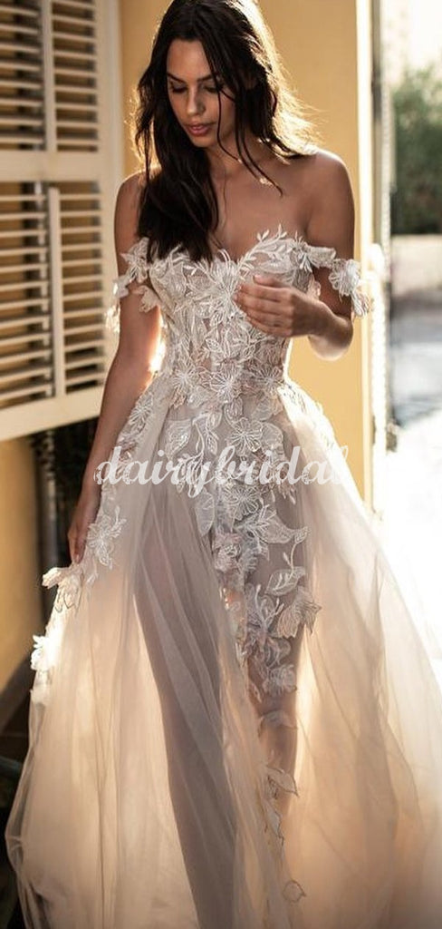 Fashion Tulle A-line Off Shoulder Backless Lace Wedding Dress, FC5093