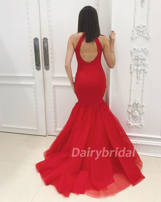 Red Mermaid Bead Prom Dresses, Sexy Open-Back Tulle  Prom Dresses, D616