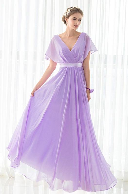 Long Bridesmaid Dress, Chiffon Bridesmaid Dress, V-Neck Bridesmaid Dress, Purple Bridesmaid Dress, Simple Design Bridesmaid Dress, Floor-Length Bridesmaid Dress, LB0622