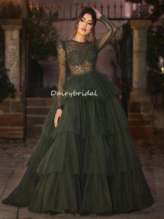 Honest Long Sleeve A-line Tulle Floor-length Prom Dresses, FC6324