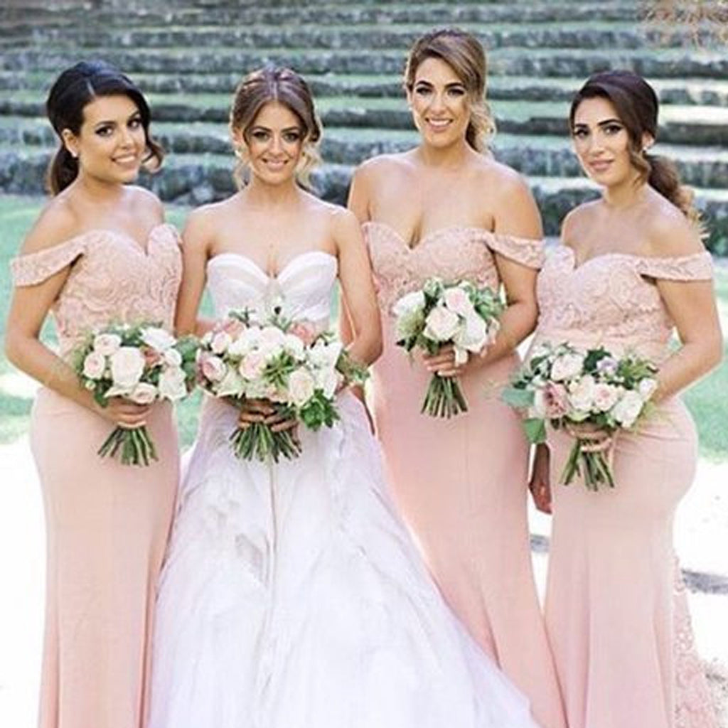 Honest Off Shoulder Bridesmaid Dress, Pink Lace Mermaid Bridesmaid Dress, D740