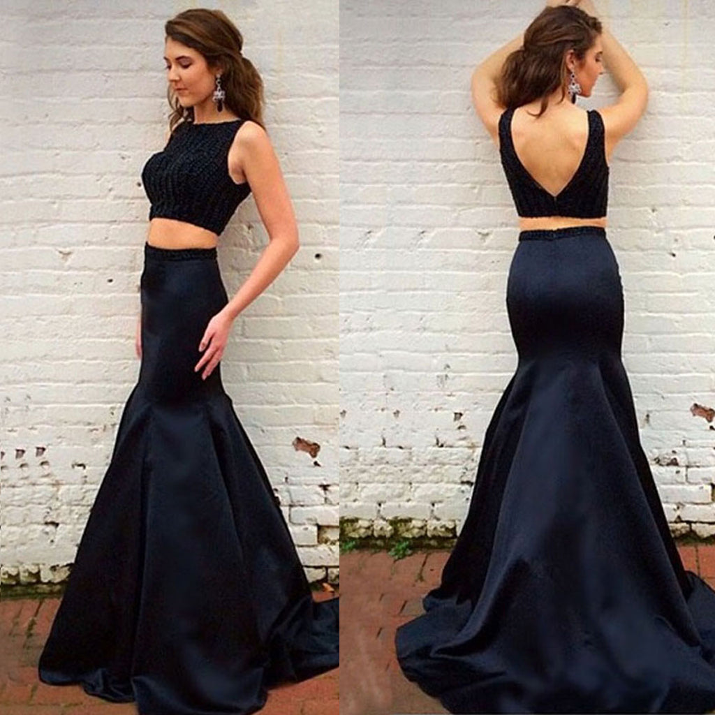 Two Pieces Satin Prom Dress, Beaded V-Back Sleeveless Mermaid Prom Dress, D812