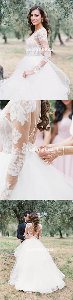 Lace Long Sleeve A-Line Wedding Dress,  Cheap Open-Back Organza Wedding Dress, D948