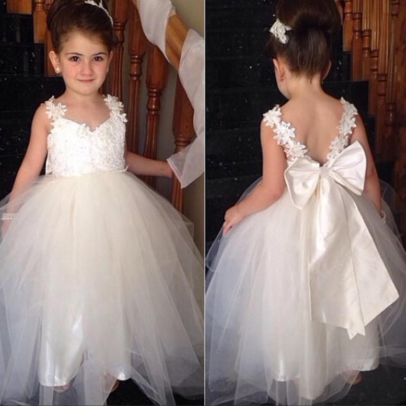 Ivory Strap Lace Top Cute Tulle V- back Flower Girl Dresses, FG006