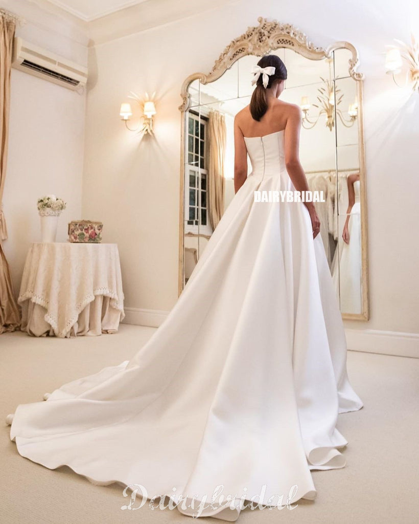 Honest A-line Satin Straight Neckline Backless Wedding Dresses, FC4320